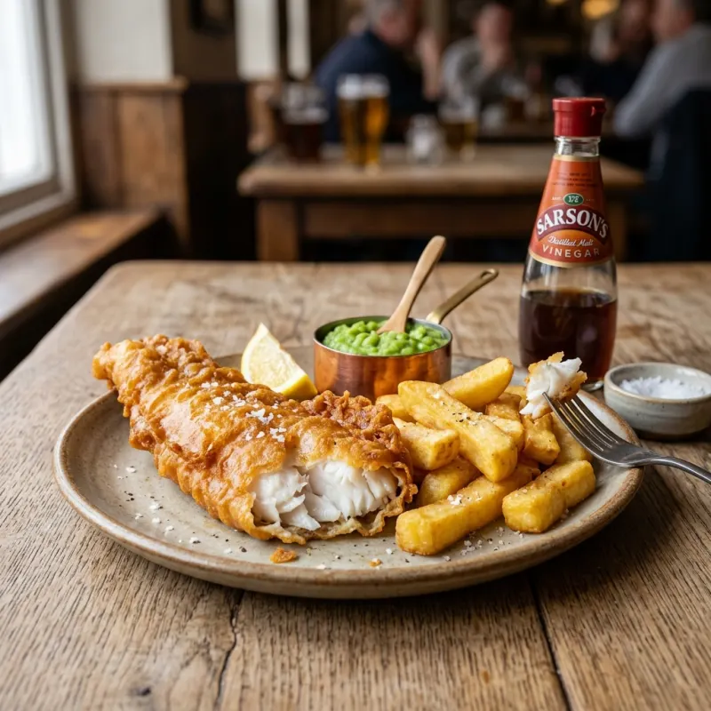Traditional British Fish and Chips with mushy peas