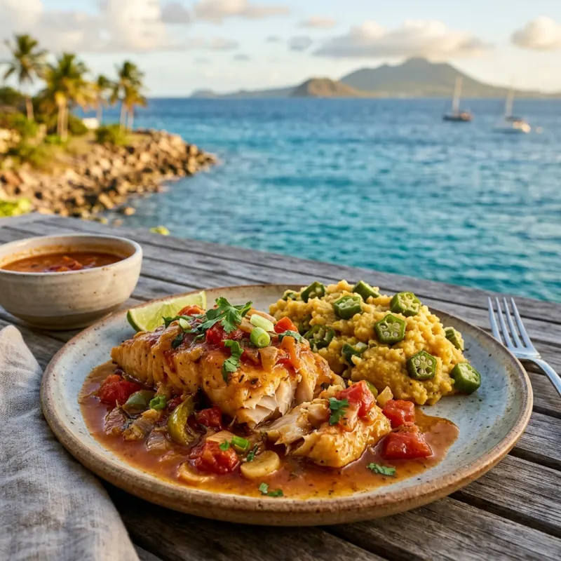Authentic British Virgin Islands Fish and Fungi served on a coastal terrace