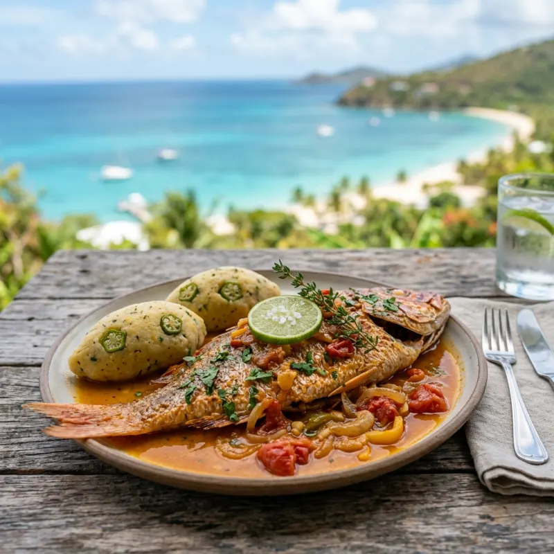 Traditional British Virgin Islands Fish and Fungi served on a waterfront table in Tortola