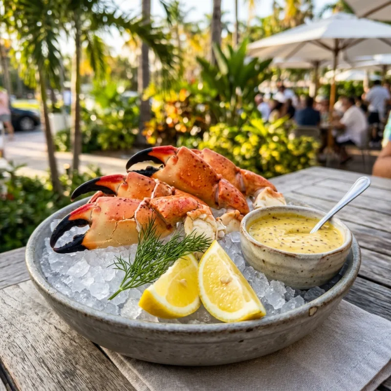 Chilled Florida Stone Crab claws on ice with mustard sauce