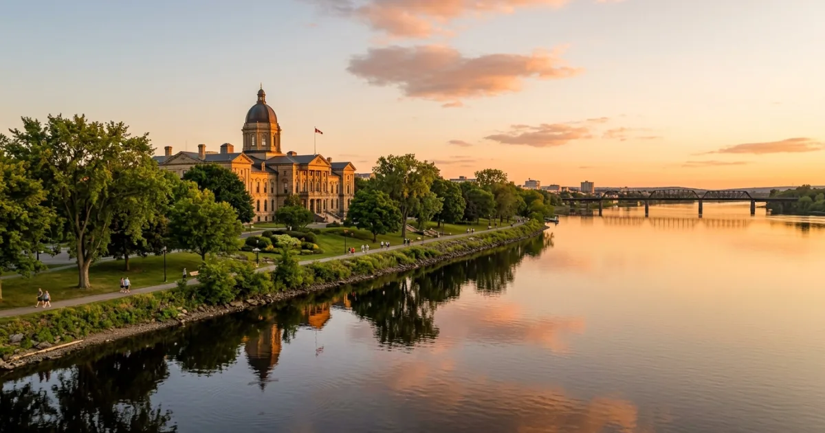 Panoramic view of Fredericton riverfront and Legislative Assembly Building at golden hour