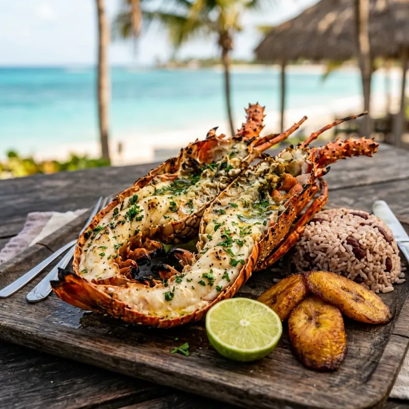 Grilled Caribbean spiny lobster served with rice, peas, and fried plantains on a beachfront table in Jost Van Dyke