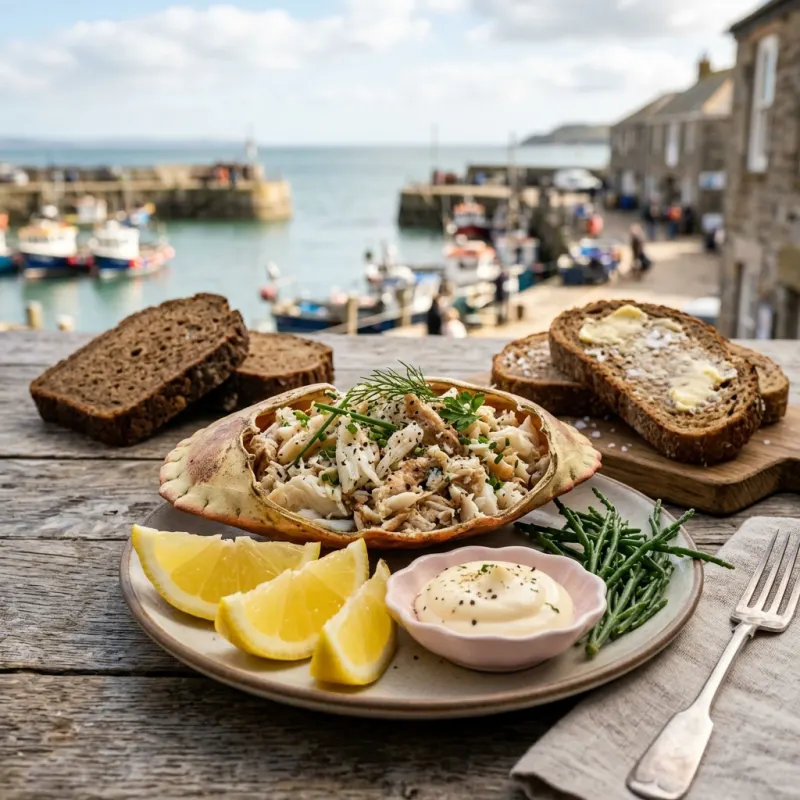 Fresh Solent Dressed Crab served with lemon and artisan bread on a seaside dining table