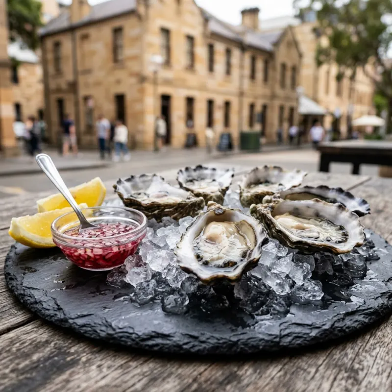 Fresh Sydney Rock Oysters on crushed ice with lemon and mignonette in The Rocks Sydney