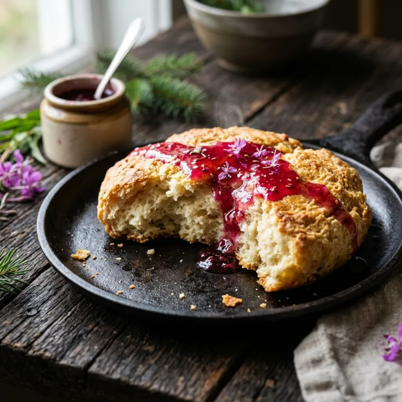 Golden fried bannock served with wild fireweed jam on a rustic table