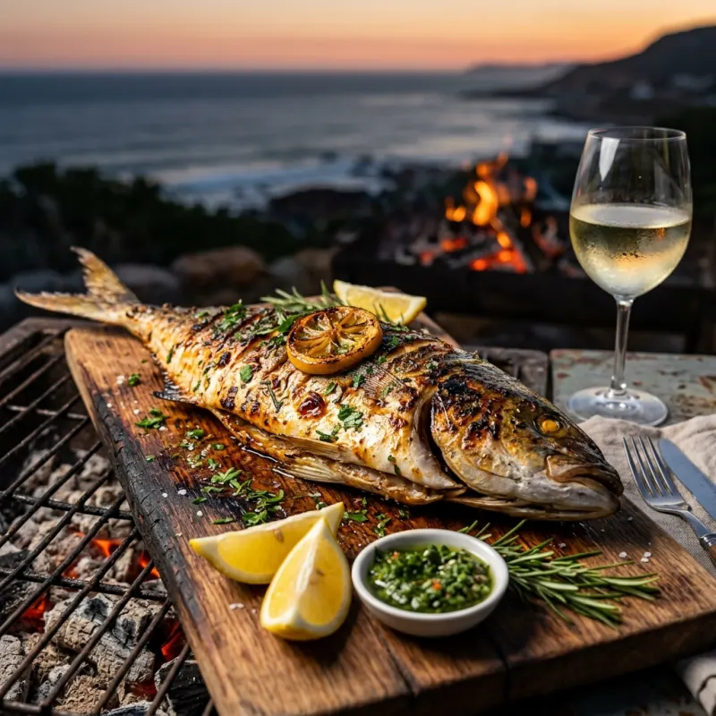 Grilled Yellowtail fish on a South African braai