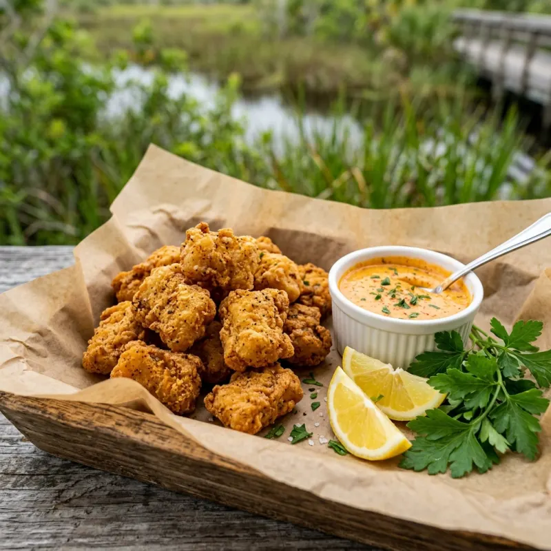 Golden-brown fried gator tail served with remoulade sauce and lemon wedges