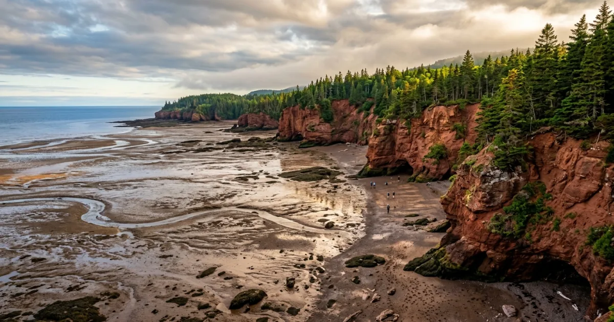 Panoramic coastal view of Fundy National Park cliffs and tidal flats at low tide