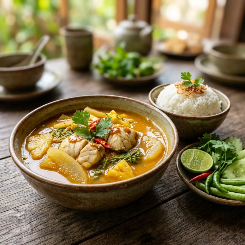 Bowl of traditional Southern Thai yellow sour fish curry with vegetables and rice
