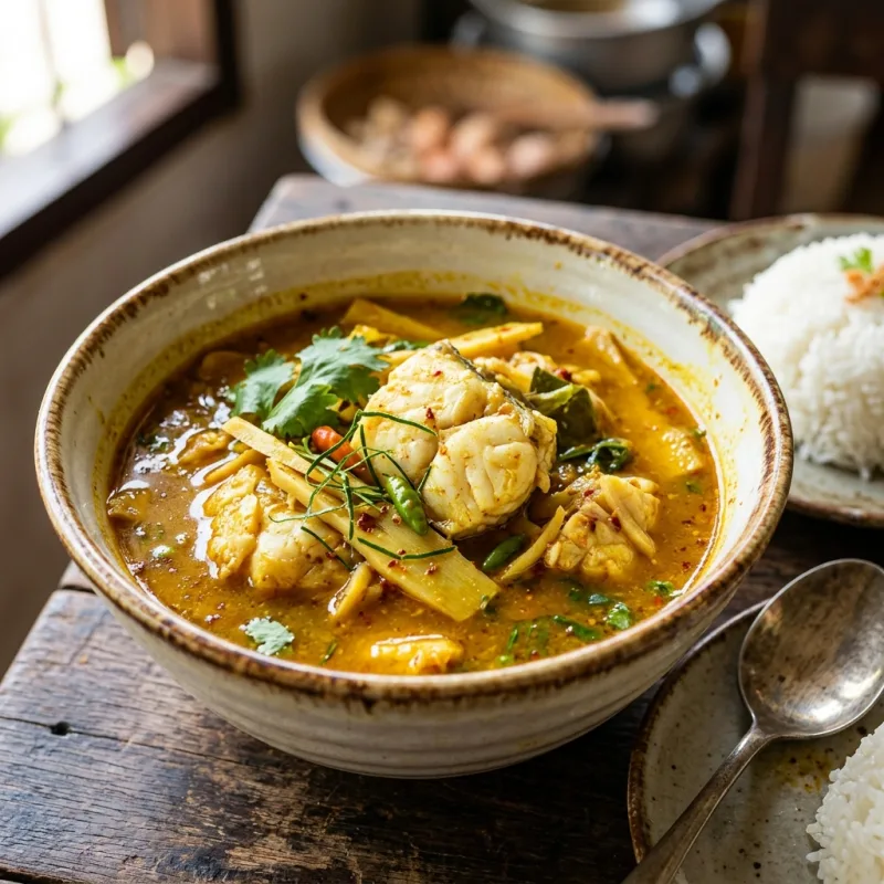 Authentic southern Thai Gaeng Som yellow fish curry served in a ceramic bowl