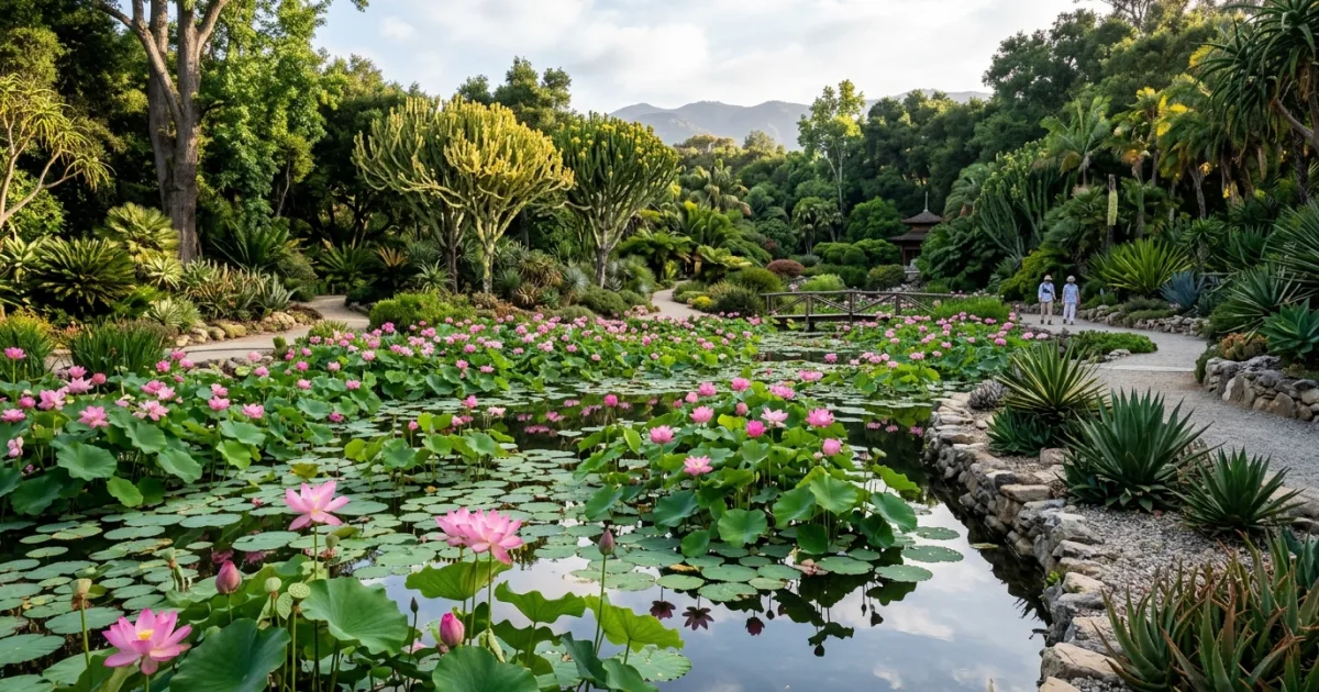 Vibrant pink lotus flowers blooming in the water garden at Ganna Walska Lotusland