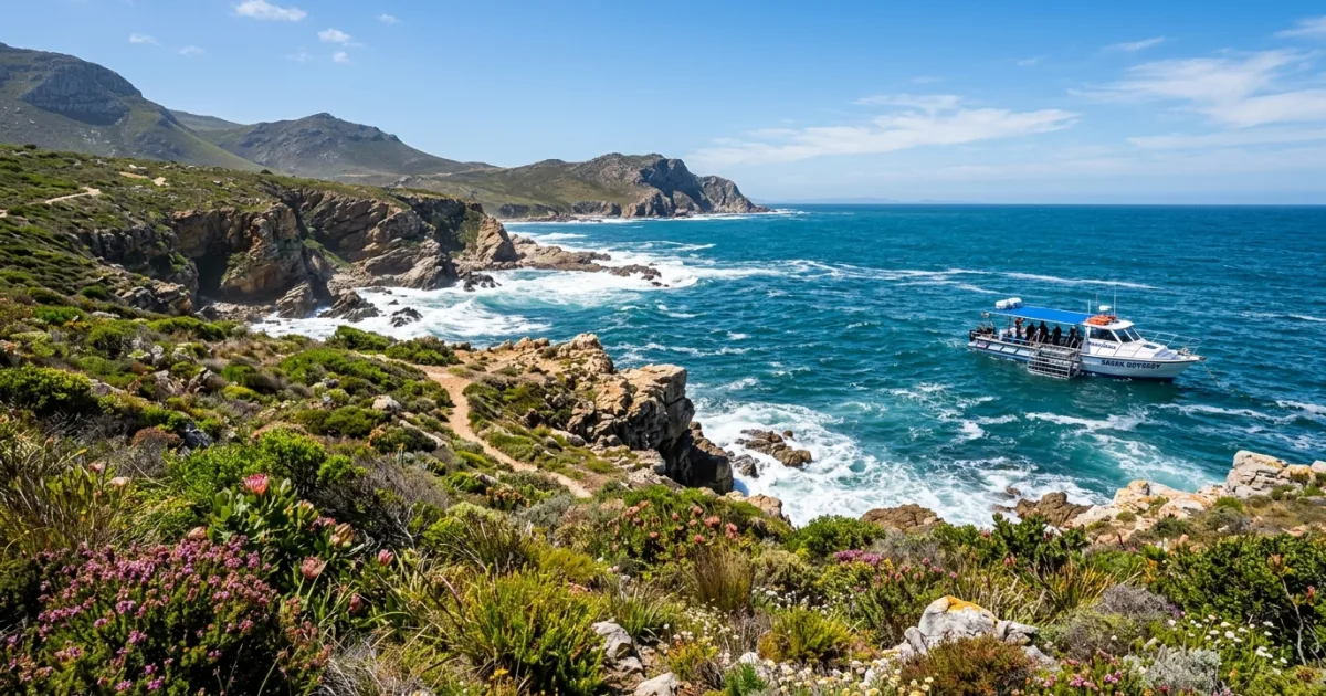 Panoramic view of Gansbaai coastline and a shark cage diving boat