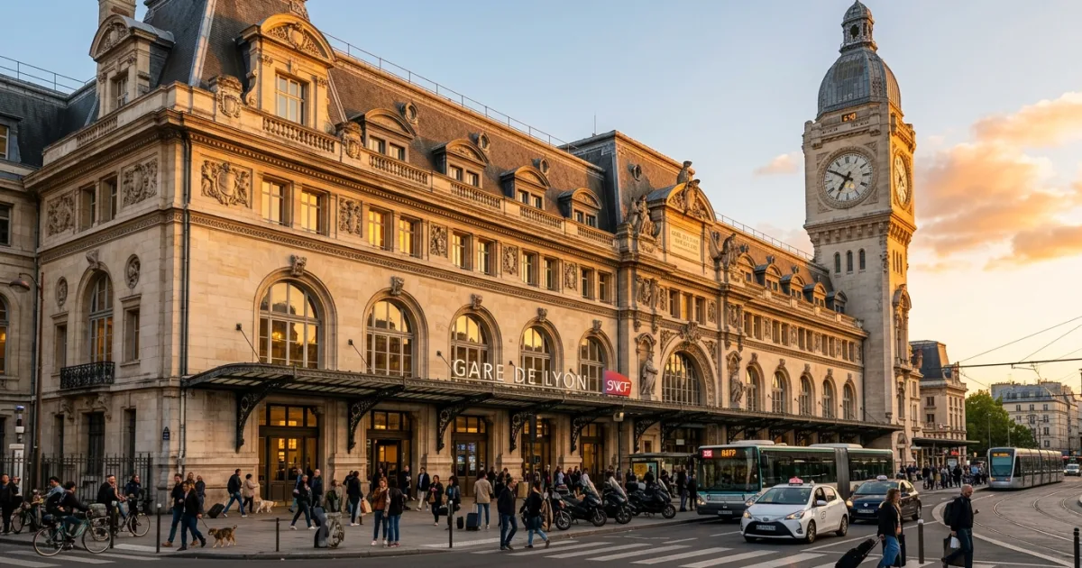 Gare de Lyon railway station facade and historic clock tower in Paris