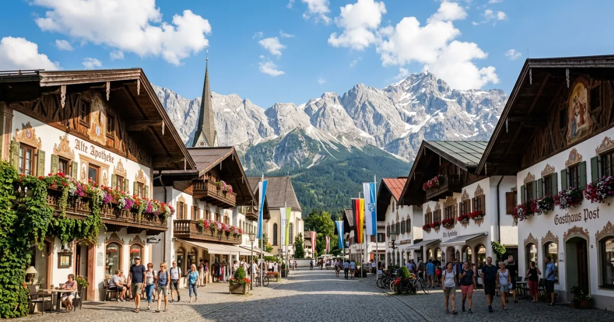 Charming Bavarian street in Garmisch District with painted chalets and the Zugspitze mountain in the background