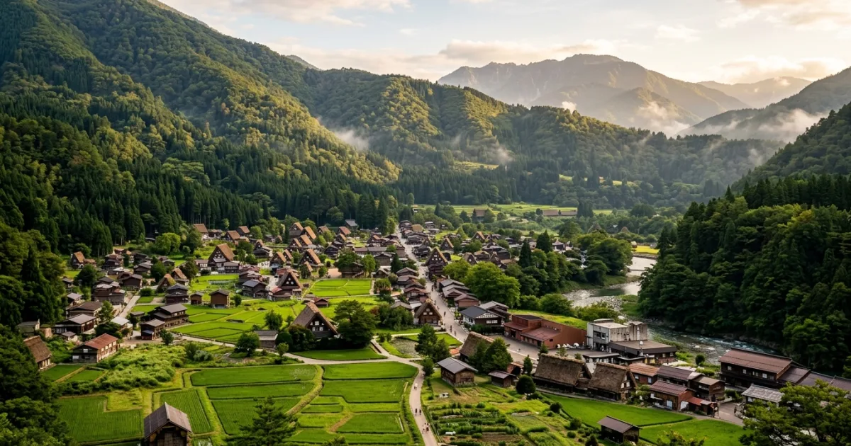 Panoramic view of traditional thatched-roof farmhouses in Shirakawa-go, Gifu Prefecture, Japan