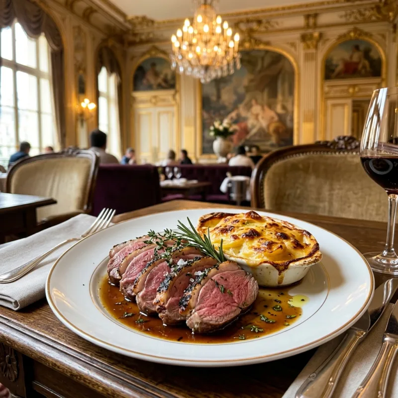 Roast leg of lamb served with potato gratin dauphinois at Le Train Bleu