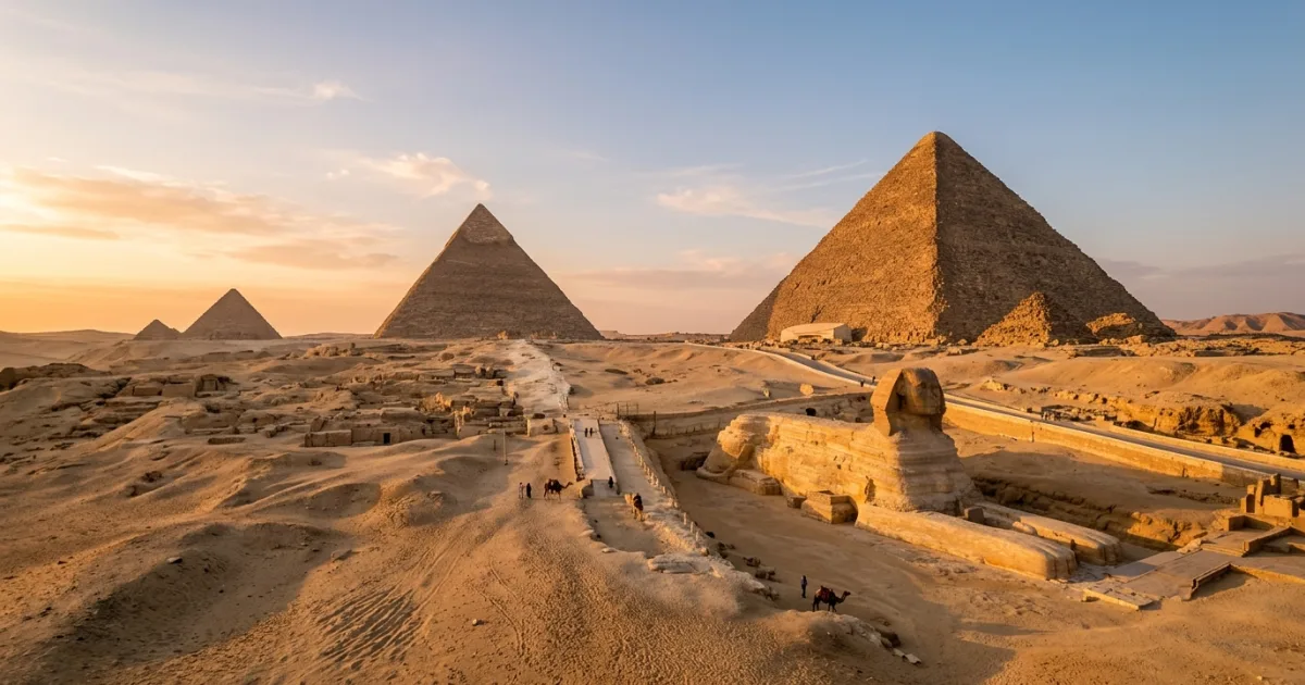 Panoramic view of the Pyramids of Giza and the Great Sphinx at golden hour