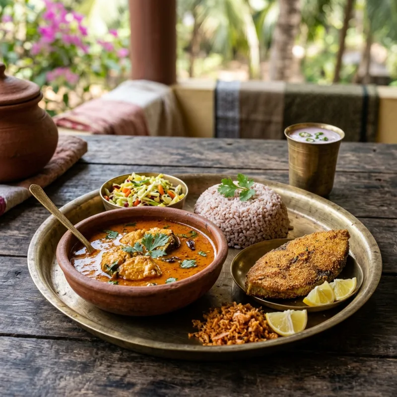 Authentic Goan Fish Curry Thali with red rice and rawa fried fish