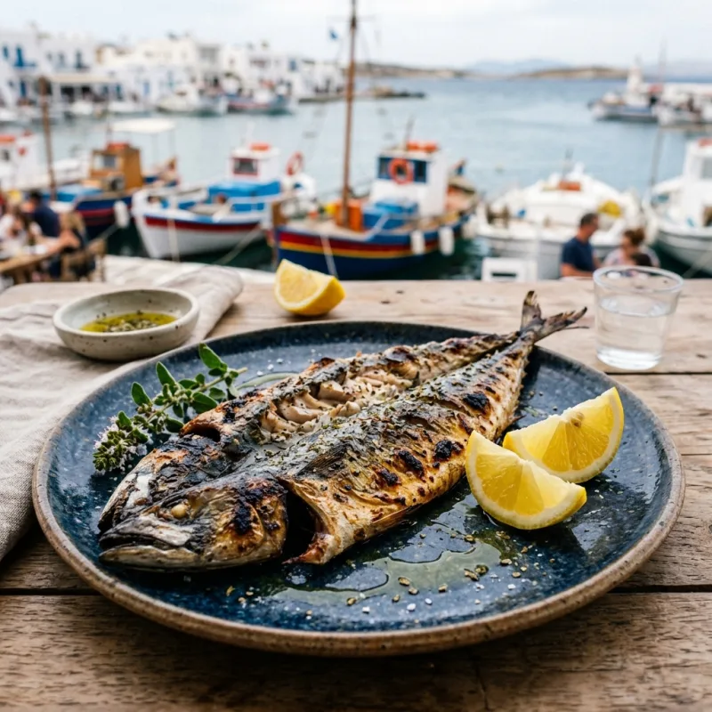 Authentic Greek Gouna grilled fish garnished with lemon and oregano in Naoussa Paros