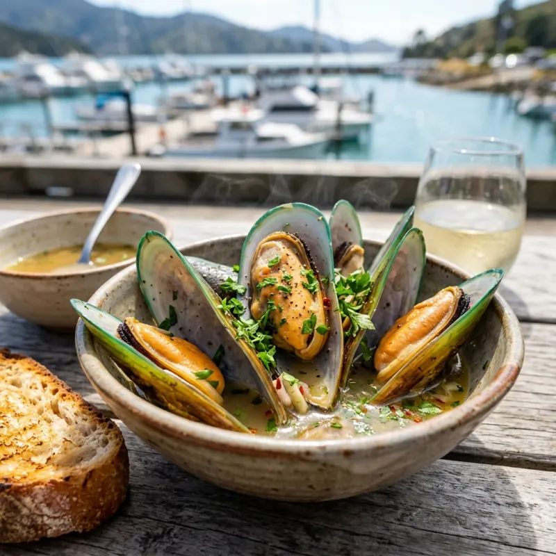Bowl of steamed New Zealand green-lipped mussels in garlic broth