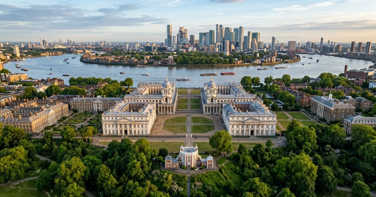 Panoramic view of Old Royal Naval College and River Thames in Greenwich London