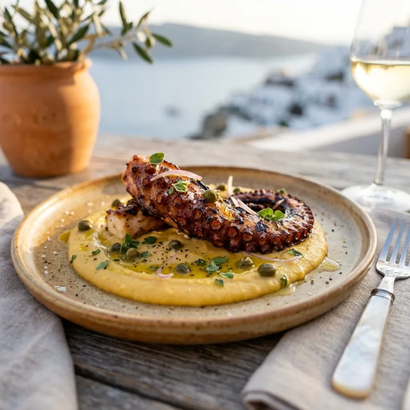 Grilled Mediterranean octopus on yellow split pea puree with capers