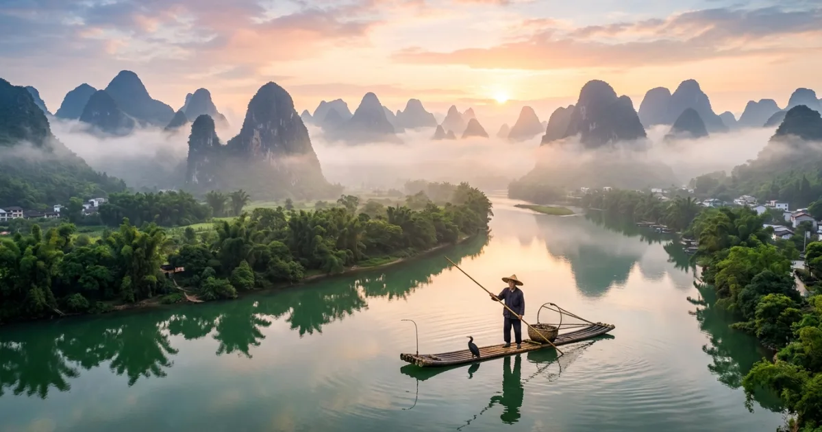 Panoramic view of limestone karst mountains and the Li River at sunrise in Guangxi China