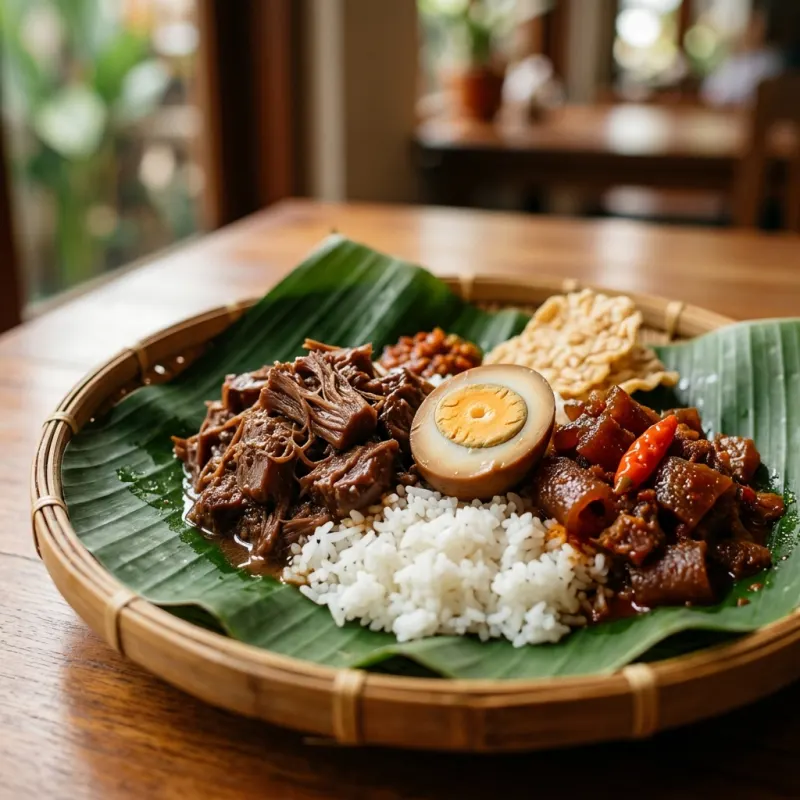 A traditional serving of Gudeg on a banana leaf
