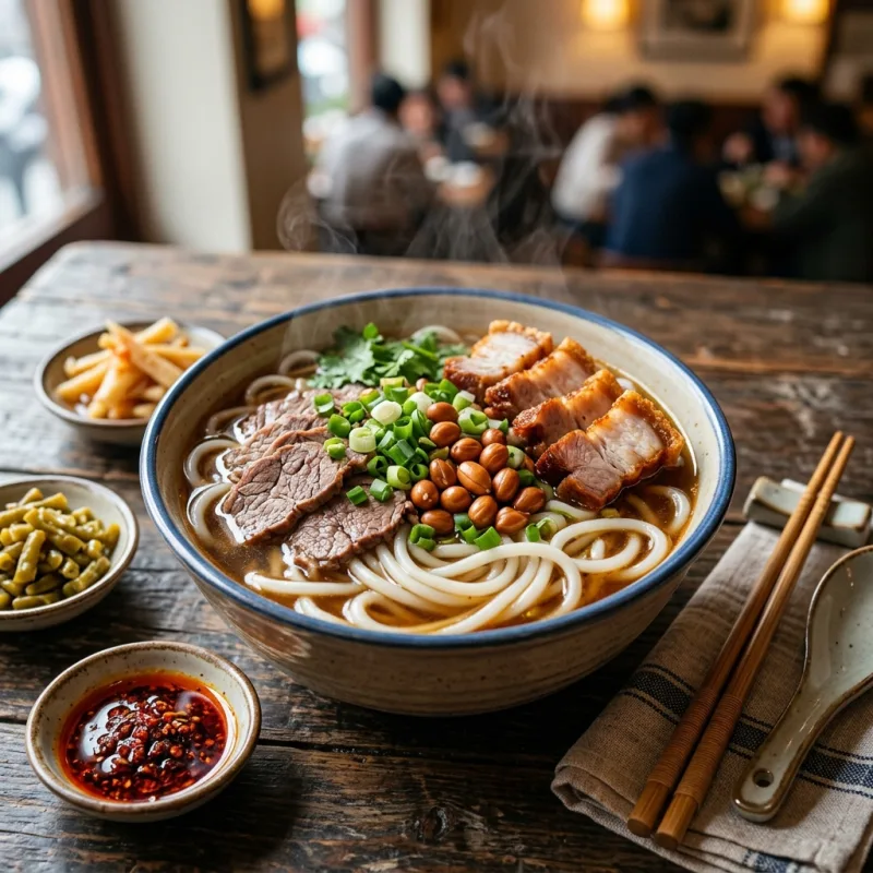 Authentic bowl of Guilin rice noodles with beef slices, crispy pork, and chili pickles