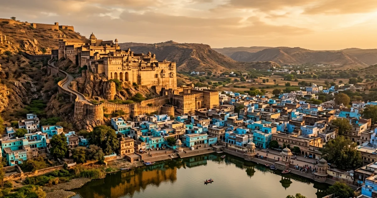 Panoramic view of Garh Palace and the turquoise houses of Bundi in the Hadoti region of Rajasthan