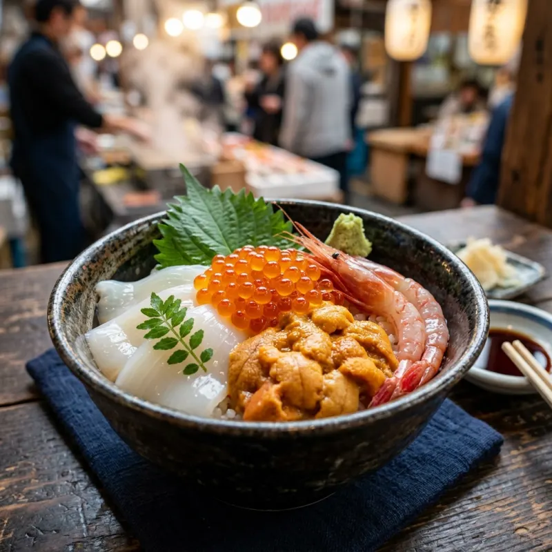 Hakodate Kaisen-don seafood bowl topped with fresh uni, squid, and salmon roe
