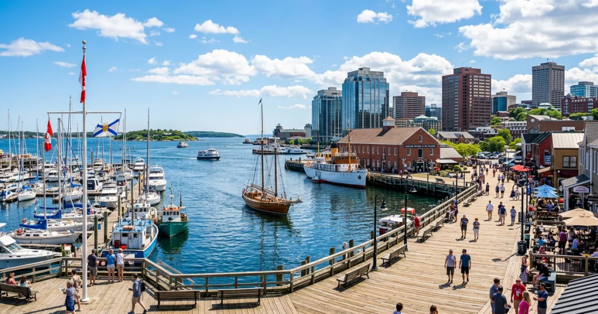 Scenic view of the Halifax waterfront boardwalk and city skyline