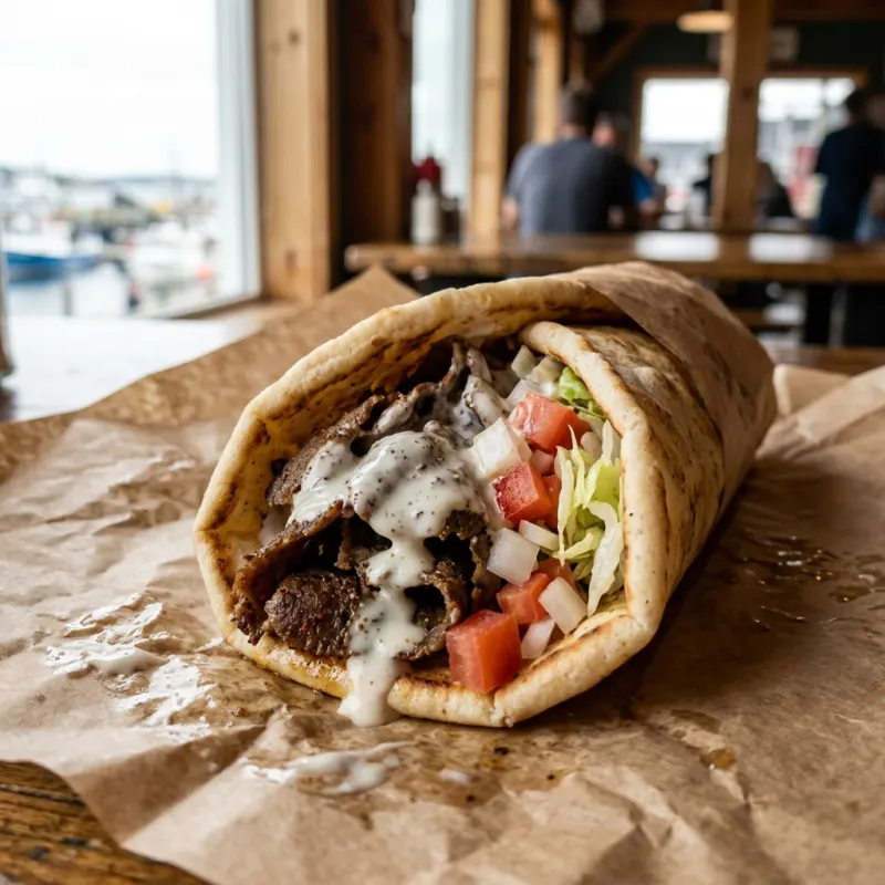 Authentic Halifax donair with spiced beef, tomatoes, onions, and sweet sauce