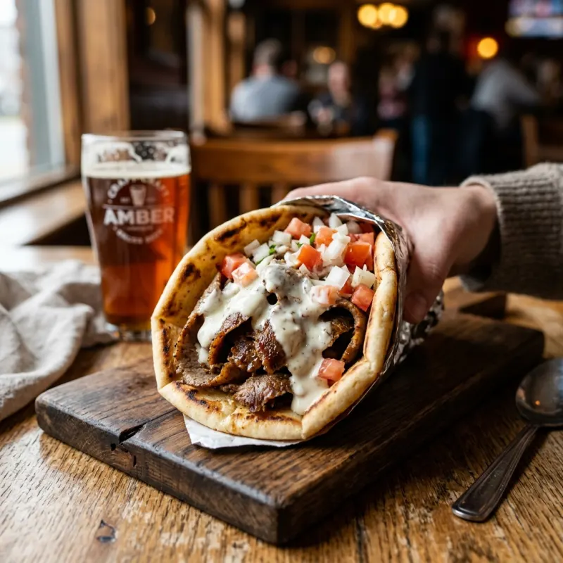 A traditional Halifax Donair with sweet garlic sauce