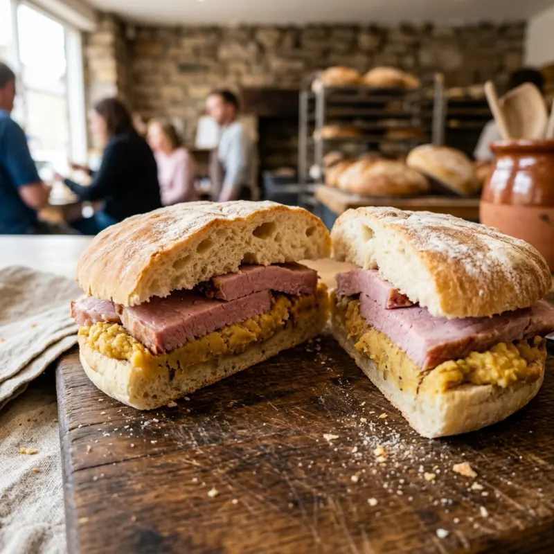 Freshly made traditional Ham and Pease Pudding Stottie sandwich on a wooden board