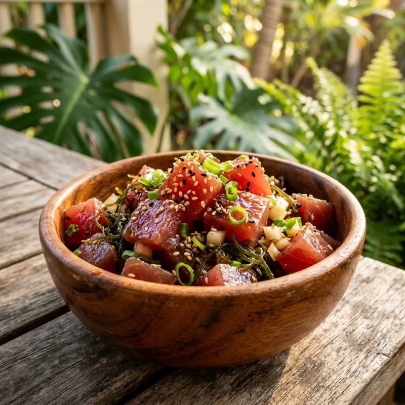 Authentic Hawaiian ahi poke bowl with ruby-red tuna, green scallions, and sesame seeds