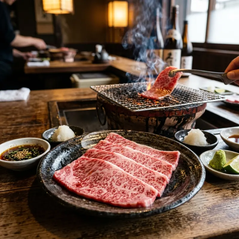 Premium marbled Hida beef ready for yakiniku grilling