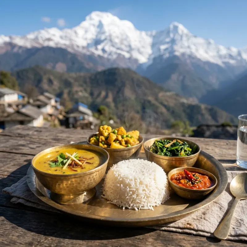 Authentic Nepalese Dal Bhat served on a traditional brass platter in the Annapurna mountains