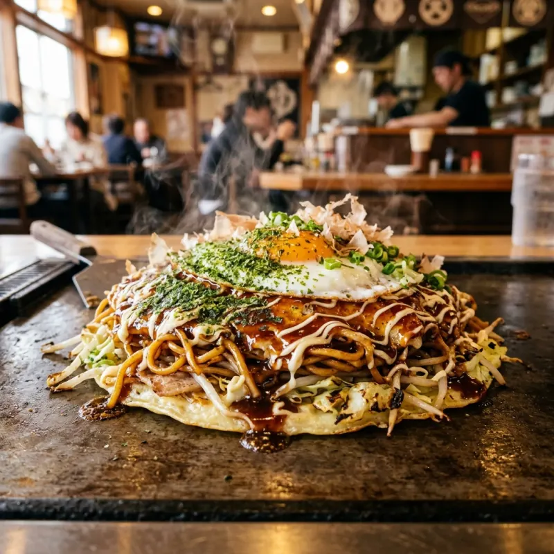 Hiroshima-style Okonomiyaki on a hot teppan grill