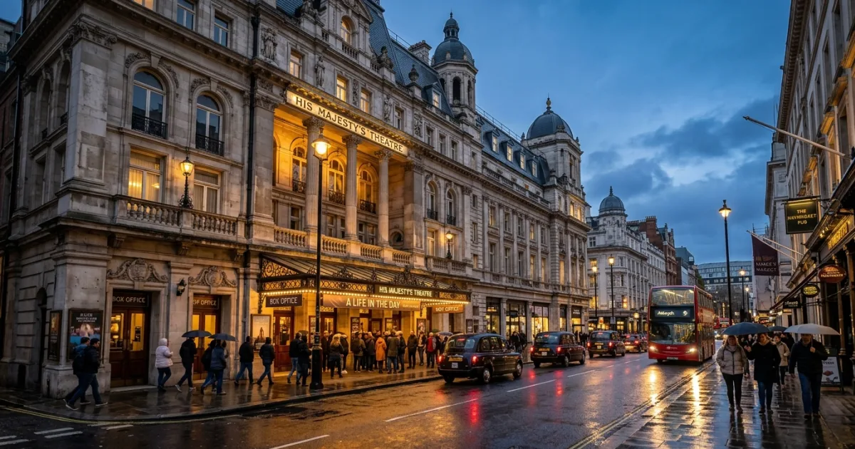 Exterior facade of His Majesty's Theatre on Haymarket in London at twilight
