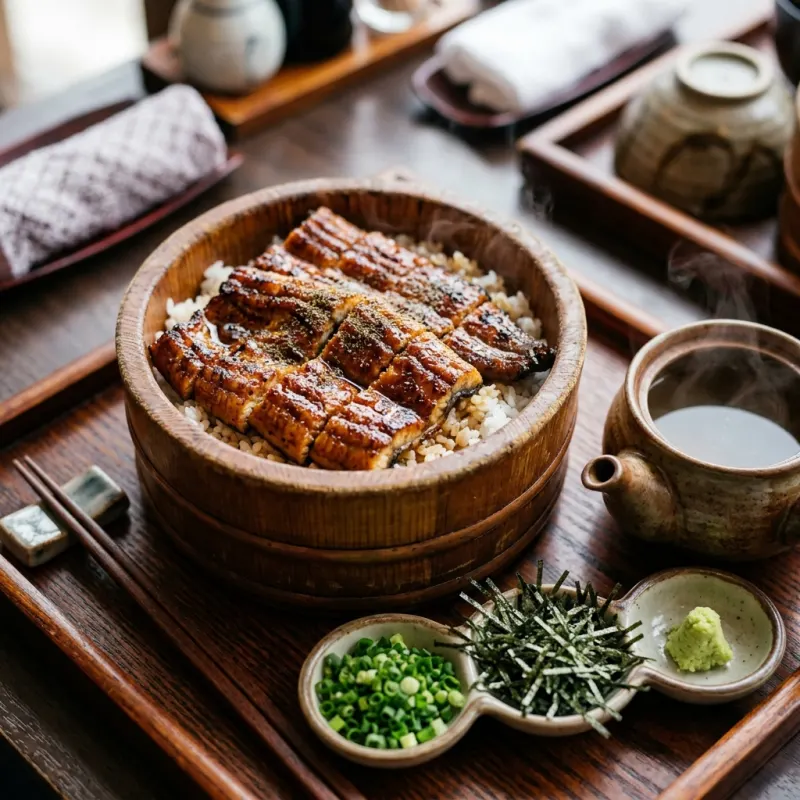 Authentic Japanese Hitsumabushi grilled eel over rice served with condiments and dashi broth