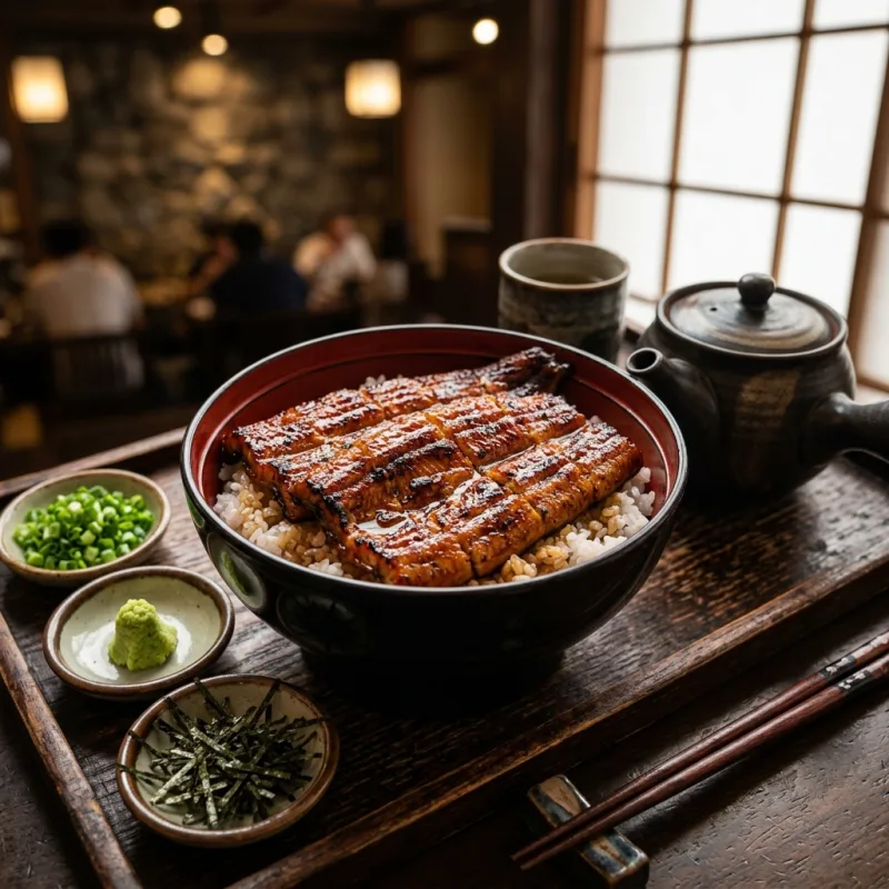 Authentic Japanese hitsumabushi grilled eel dish served over rice