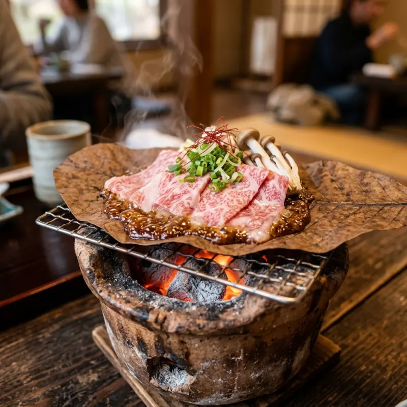 Japanese Hoba Miso dish featuring marbled Hida beef cooking on a magnolia leaf over a charcoal brazier