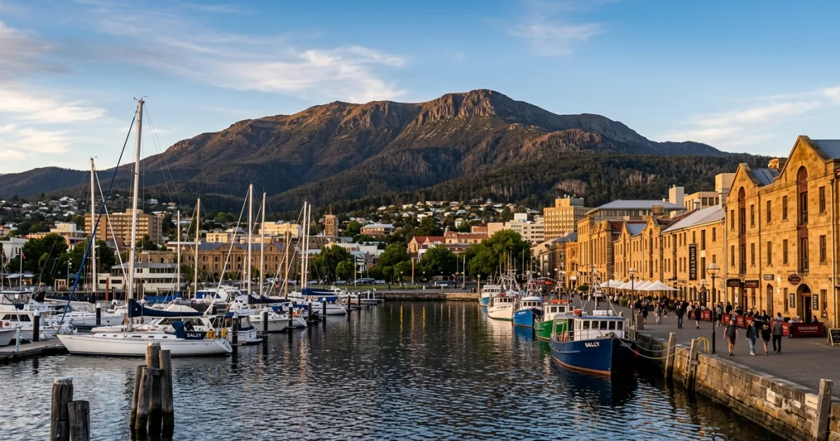 Wide angle view of Hobart waterfront and Mount Wellington at golden hour