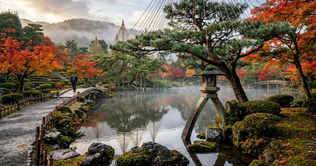Kenroku-en garden stone lantern and pond framed by autumn leaves and pine trees in Hokuriku Japan