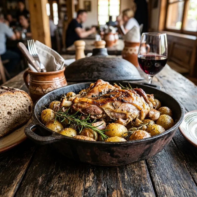 Homoljsko jagnje ispod sača roasted lamb with potatoes on a rustic wooden table