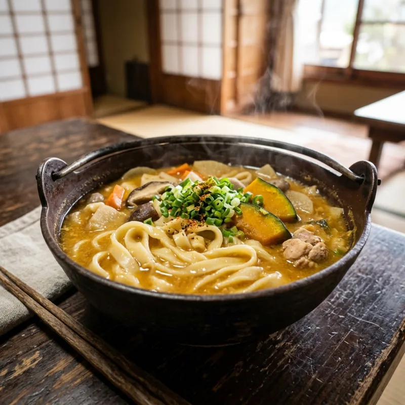 Japanese Hoto noodle soup simmering in a cast iron pot with pumpkin and vegetables