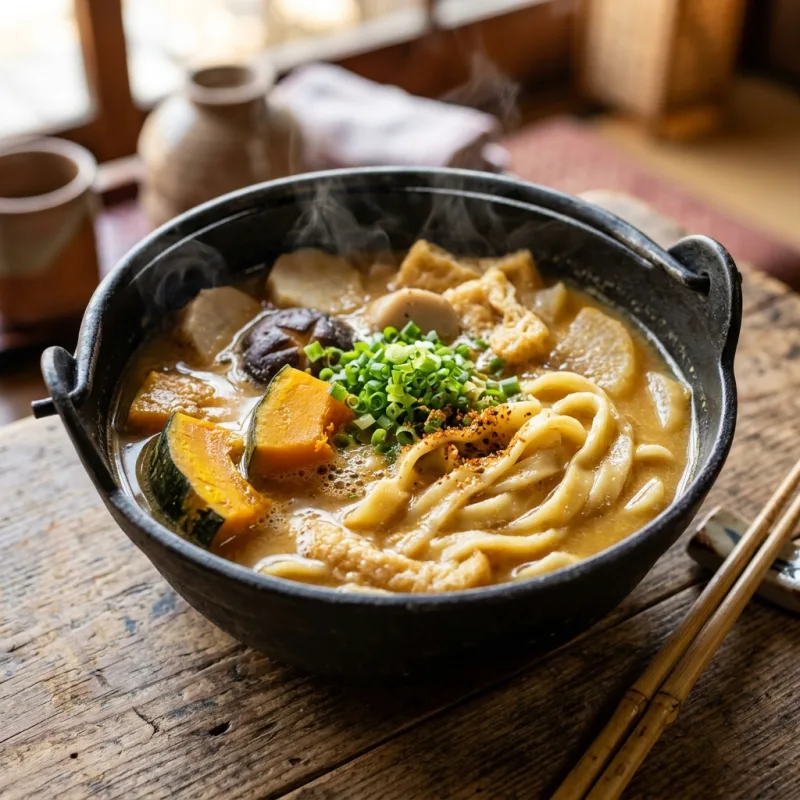 A steaming iron pot of traditional Yamanashi Houtou flat noodles with kabocha pumpkin in miso broth