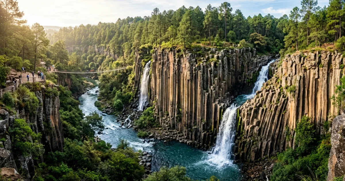 The towering basaltic prisms and cascading waterfalls of Huasca de Ocampo