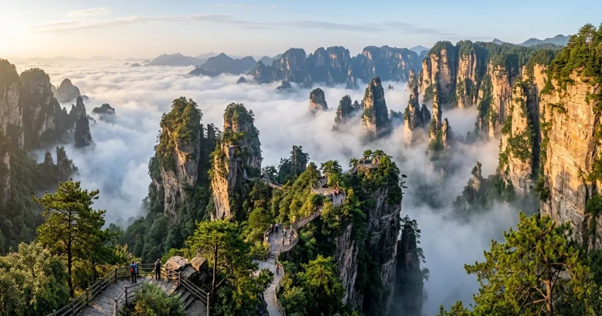Towering mist-wrapped quartz-sandstone karst pillars in Zhangjiajie National Forest Park, Hunan Province